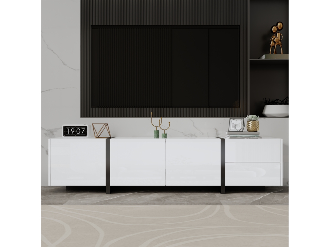 Mueble para TV KOMHTOM, 170x30x39 cm, 3 puertas, 1 cajón, 1 puerta abatible, iluminación LED, gestión de cables, blanco.