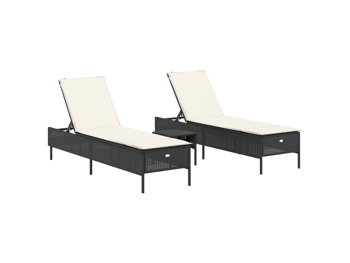 Juego de 3 tumbonas de mimbre con cojines, color negro, EXCLUSIVA MAISON
