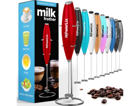 POWERLIX Espumador de Leche Eléctrico de Mano Batidora Leche Espuma Con Soporte de Acero Inoxidable 15-20S Potente 19000 Rpm Batidor para Café