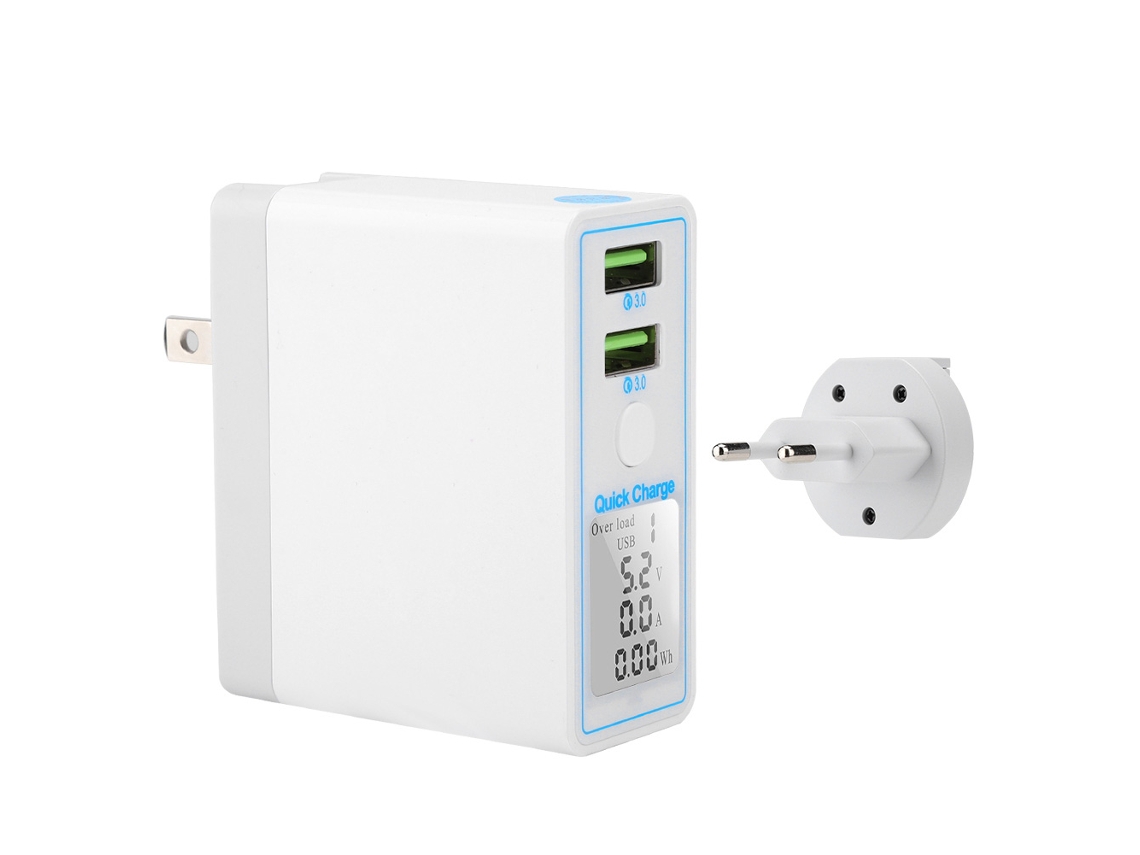 Carregador Usb Duplo Branco Qc3.0 Com Tela Lcd, Carregamento Rápido Para Celular, Conector Dobrável 90°