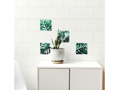 Adhesivo de Morada Adhesiva PLAGE Hojas Verdes Tropicales en Fondo Blanco Estilo Acuarela X4 15 cm X 15 cm