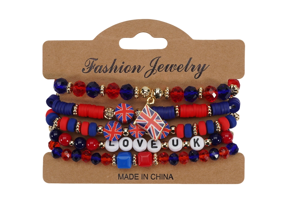 Juego Pulseras Cuentas Bandera Reino Unido Rojo Azul Blanco, Joya En Capas Para Aficionados Al Fútbol Y Actos Patrióticos Británicos