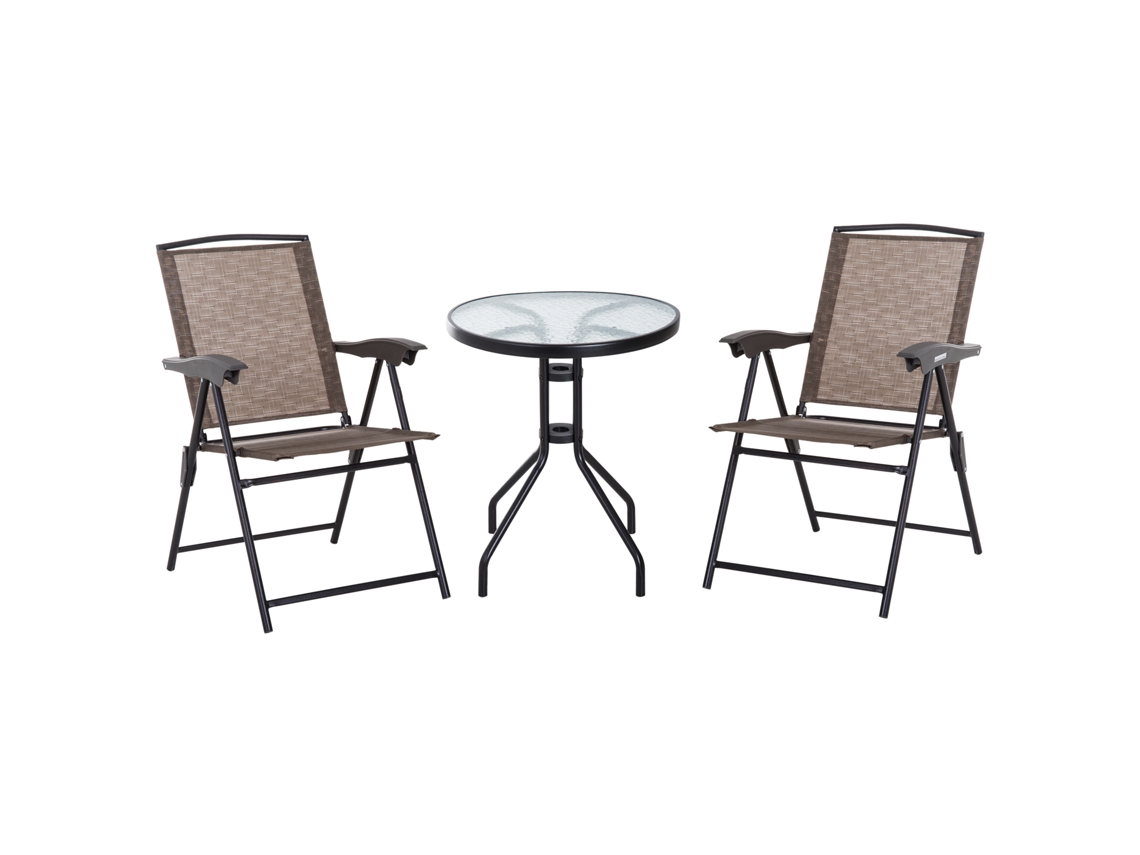 Conjunto De Mesa Y 2 Sillas Para Jardín, Plegables, De Textilene, De Acero, Reclinables, 4 Posiciones, Color Marrón.