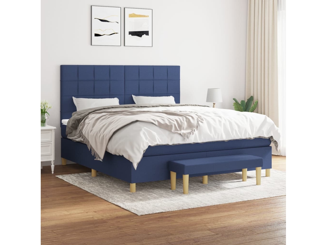 Cama Box Spring Con Colchón Tela Azul 180x200 Cm