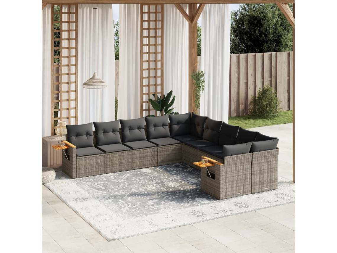 Conjunto de sofá de jardín de 10 piezas con cojines, ratán gris, DKD Home Decor