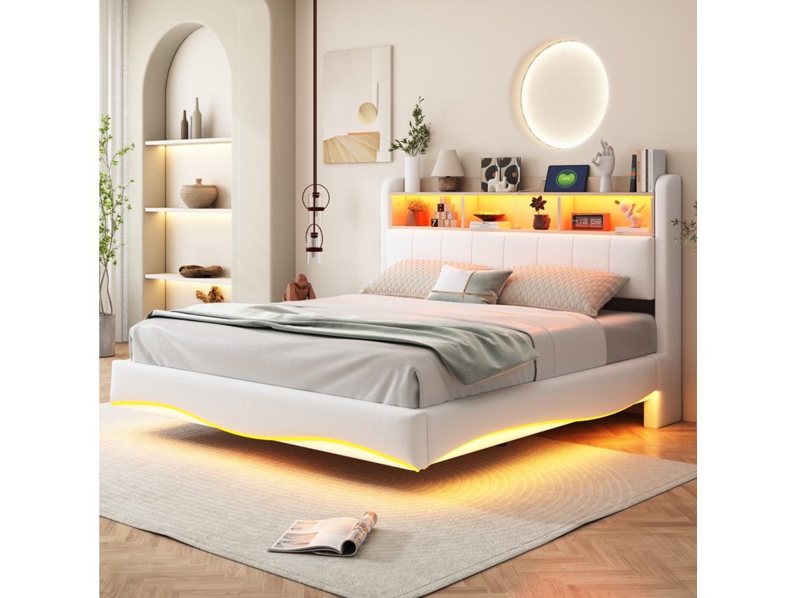 Litera Acolchada 160x200 Cm Con Efecto Flotante, Led, Usb-c, Almacenamiento En Cabecero, Armazón Metálico Y Tela De Lino, Beige