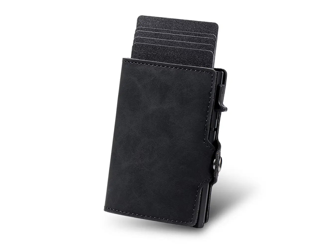 Cartera vintage fina con tarjetero, piel sintética negra, unisex, compacta, Tommy01