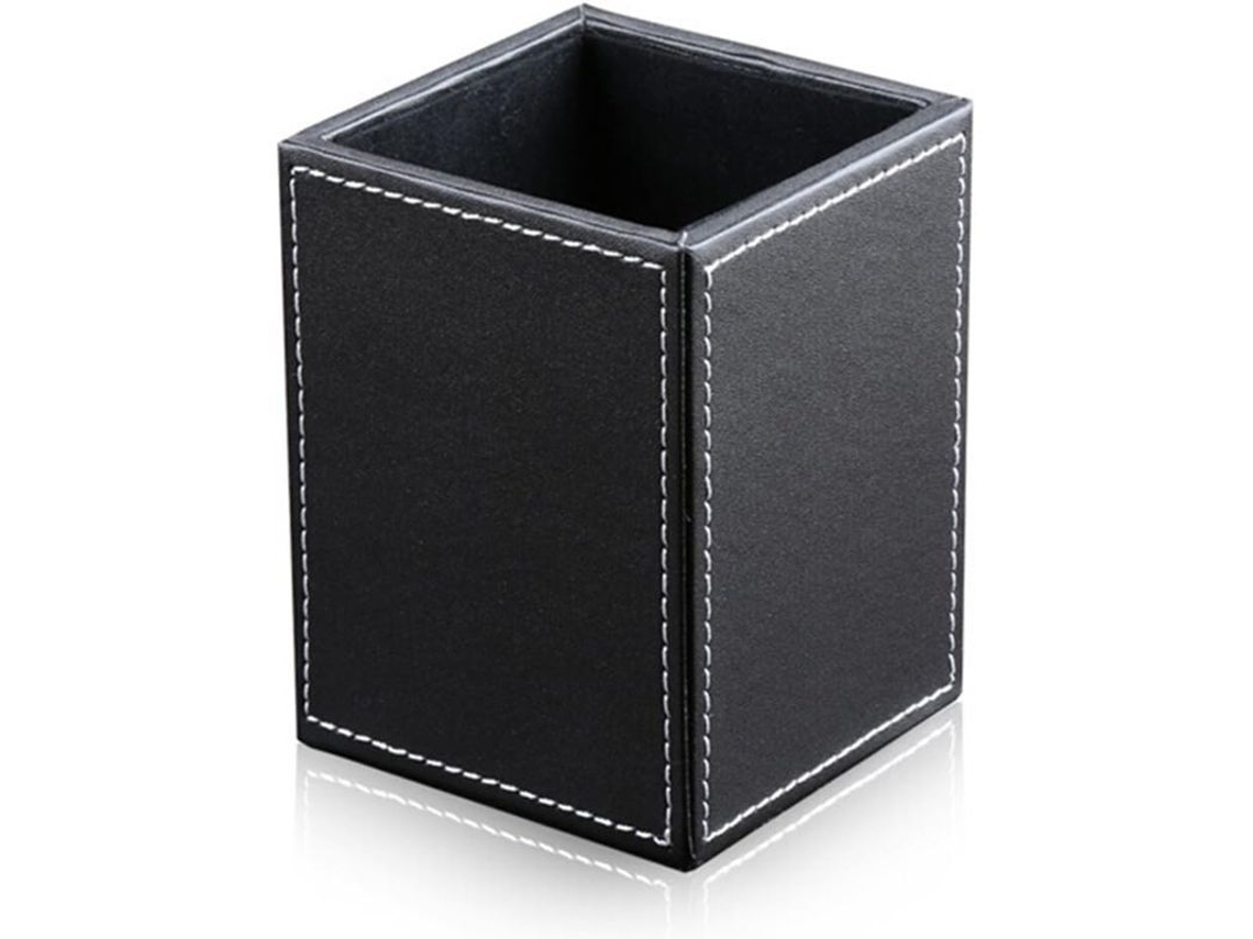 Portalápices Clásico De Piel Sintética Negra Para Oficina Y Estudio 8,7 X 8,7 X 12 Cm