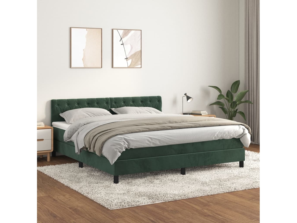 Cama Box Spring Con Colchón Terciopelo Verde Oscuro 160x200 Cm
