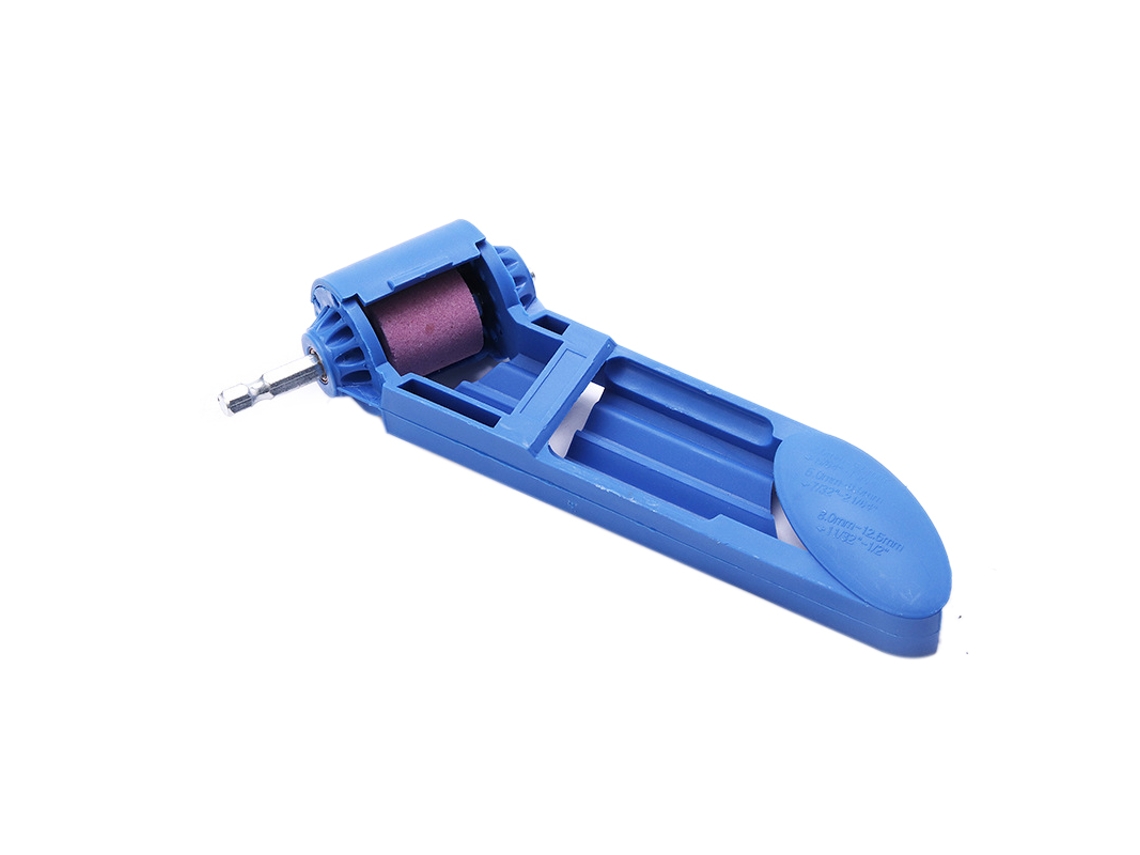 Afilador portátil de brocas helicoidales con rodillo de corindón para rectificado y pulido.