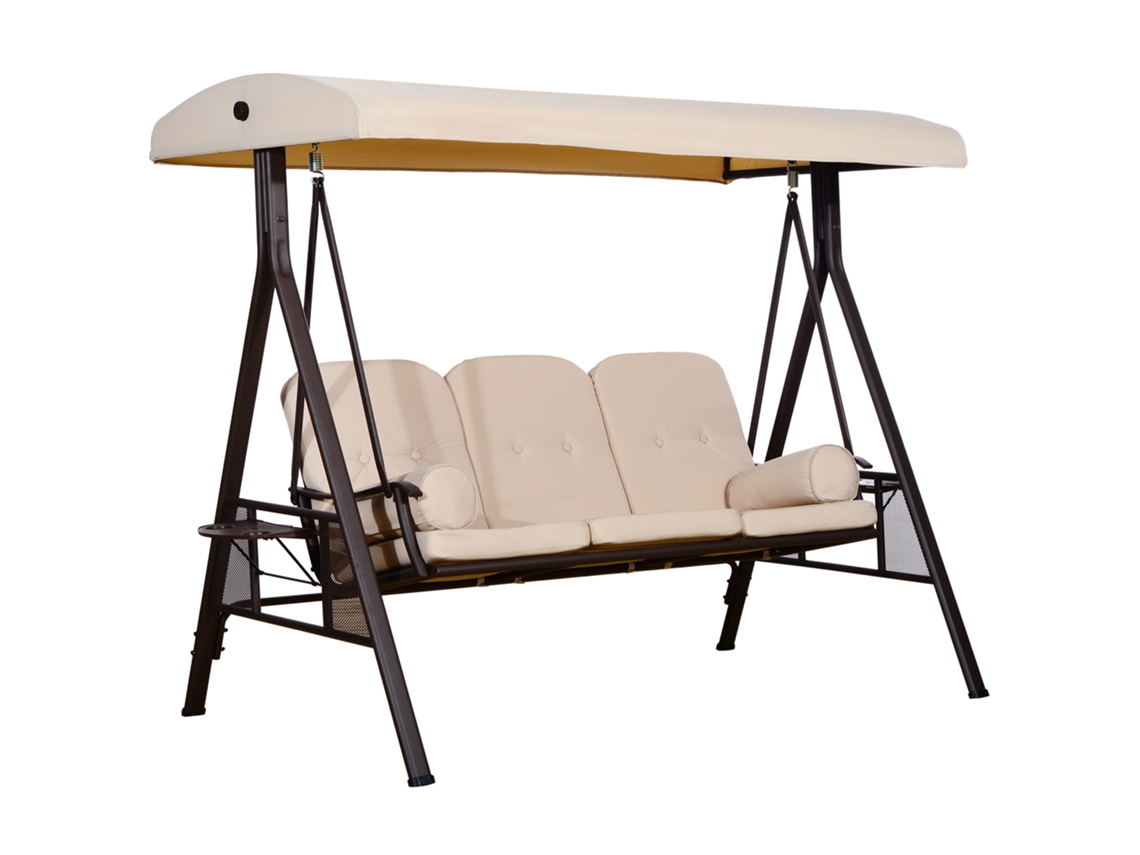 Mecedora de jardín de 3 plazas, máxima comodidad, toldo reclinable, cojines, bandejas retráctiles, 121x208x172cm, beige, ZENCORE SERVICES