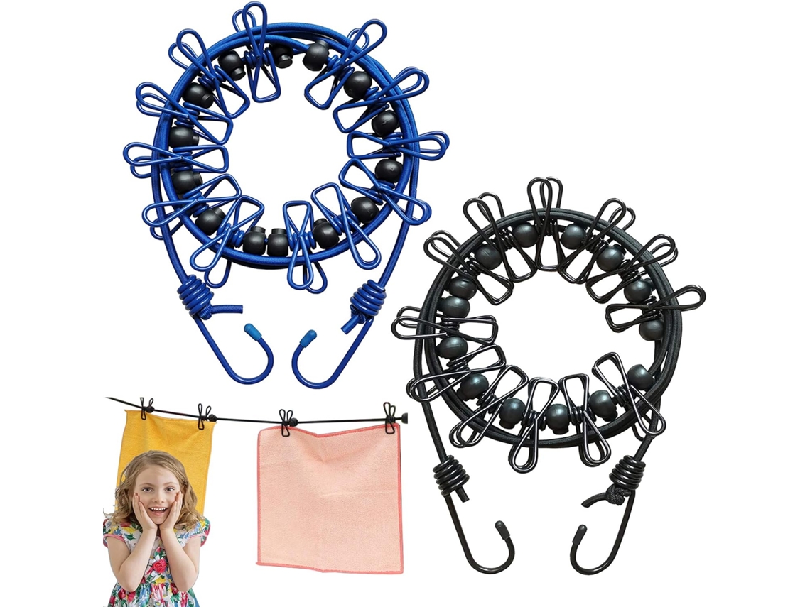 Ropa elástica para acampar, portátil, de 185 cm, con soporte recubierto y curva de posicionamiento negra.