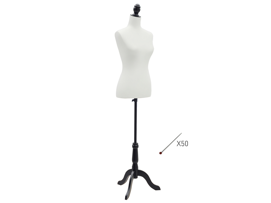 Maniquí Femenino Ajustable De 130 A 168 Cm, Trípode De Madera, 50 Pasadores, Color Blanco.