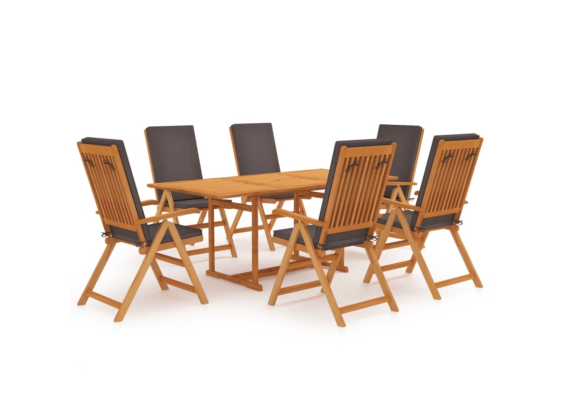 Conjunto 7 Piezas Jantar Jardim Almofadões Cinzentos Teca Maciça Dkd Home Decor