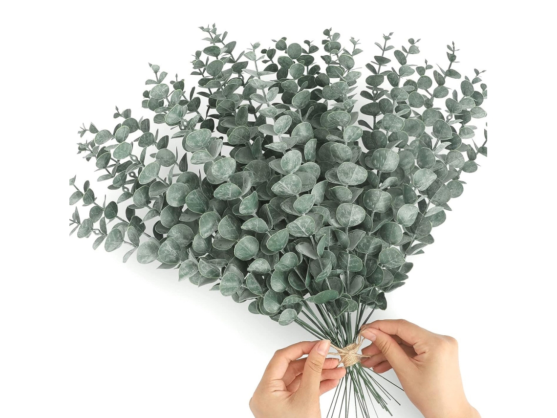 20 hojas artificiales de eucalipto para decoración del hogar, color verde oscuro mate
