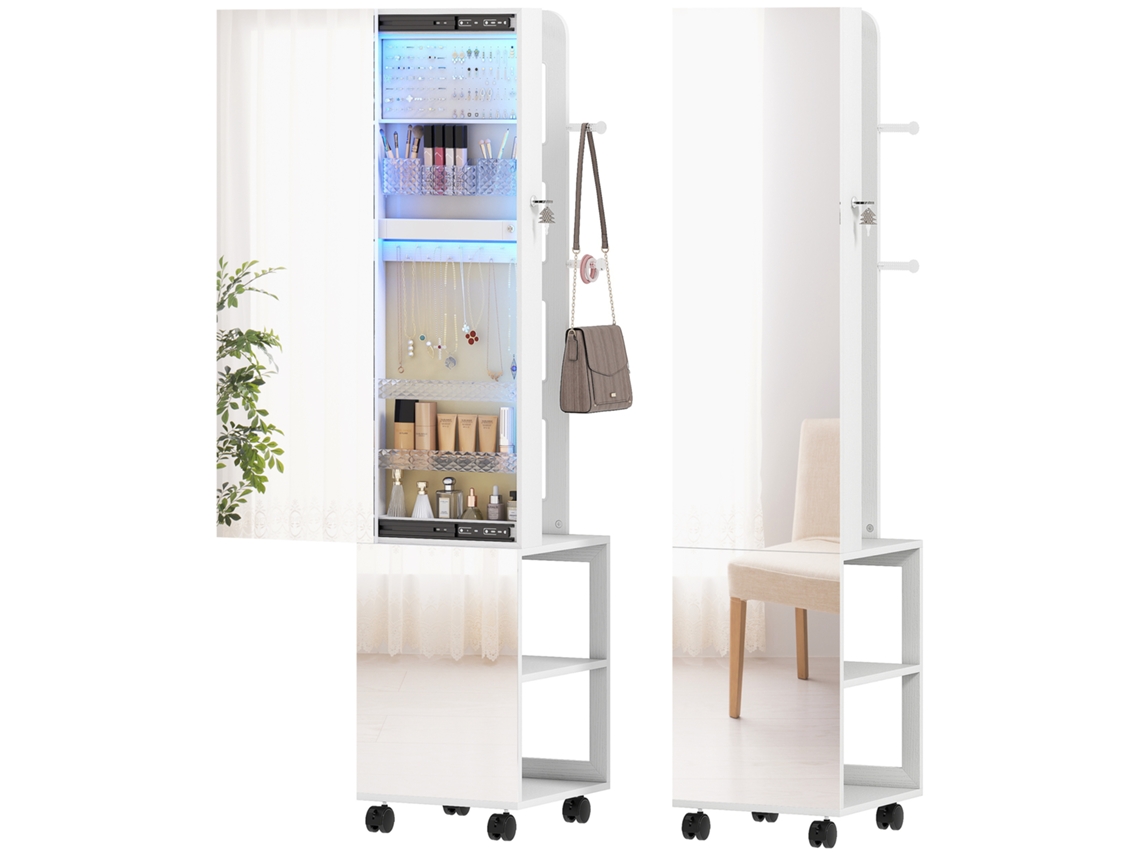 Espejo joyero con iluminación LED, vitrina giratoria de 360°, cerradura con llave, blanco y beige.