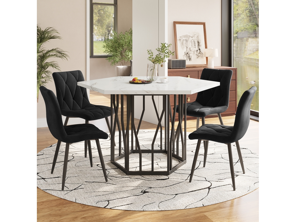 Conjunto Comedor 5 Piezas - Mesa Hexagonal Mármol Y 4 Sillas Terciopelo Negro