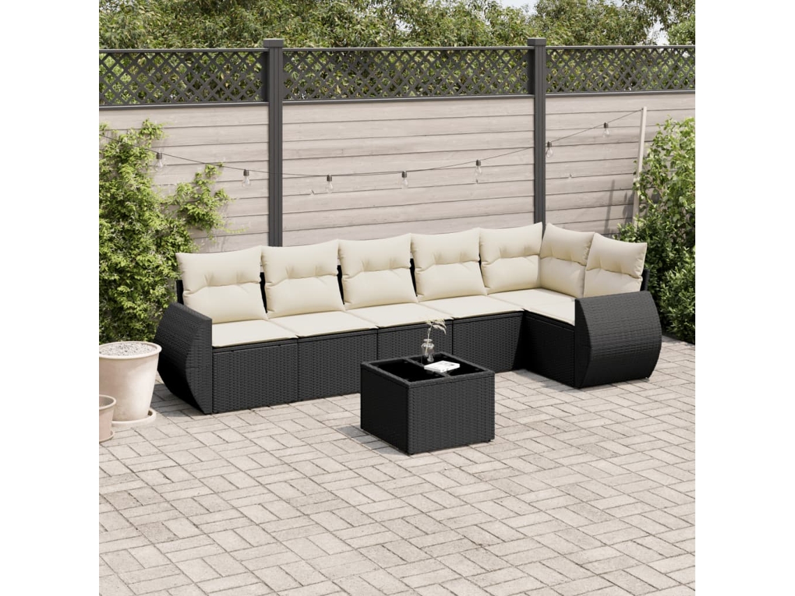 Conjunto de sofá de jardín de 7 piezas con cojines, ratán negro, Dkd Home Decor