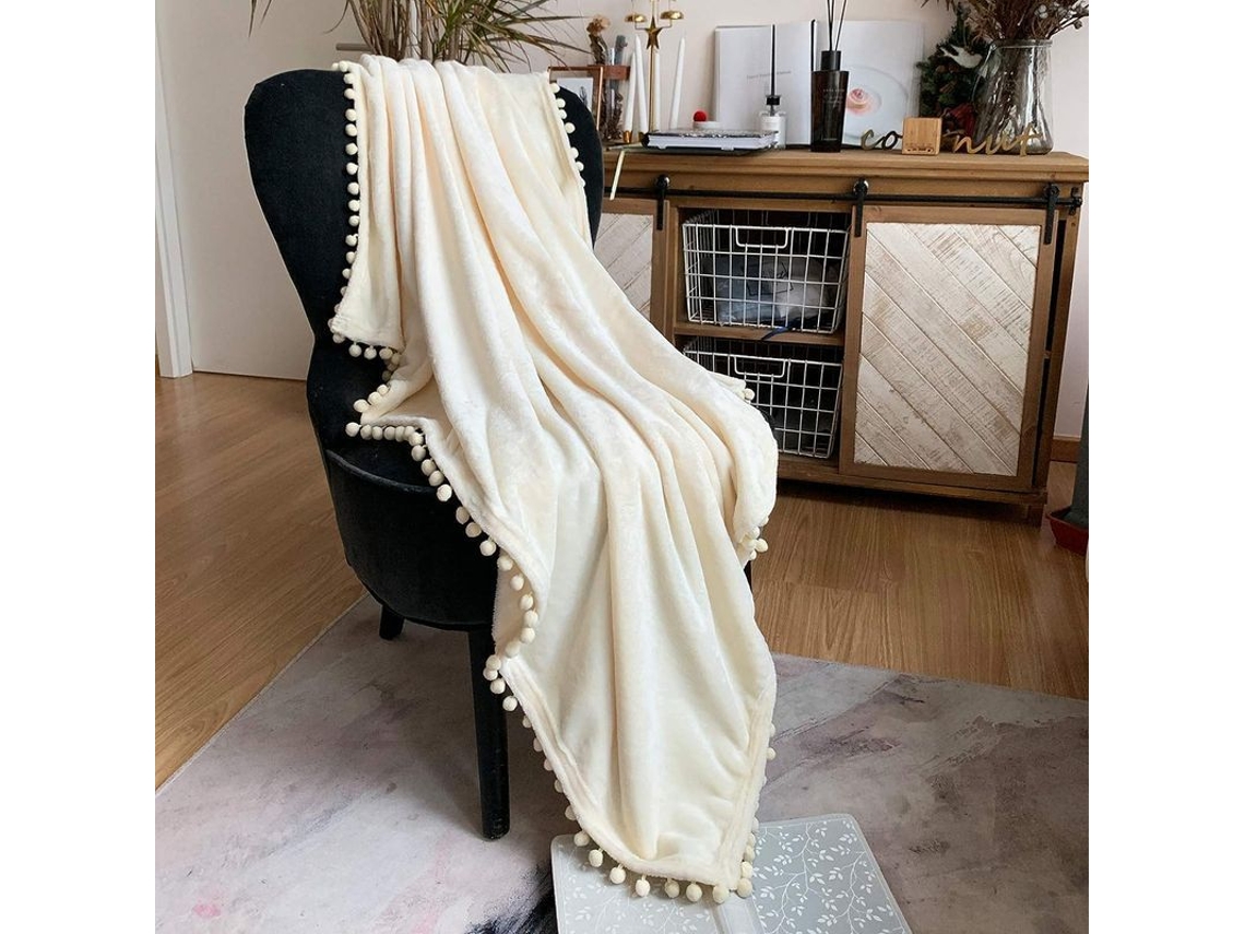 2026-40010-manta Flannel Ligera Suave Con Flecos De Pompom Ideal Para Sofa Cama Temporada Ivory 51x59 Pulgadas