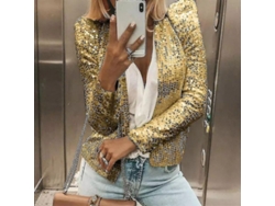 2026-chaqueta Casual Para Mujer Con Mangas Largas Y Lentejuelas Brilliantes, Abertura Delantera Y Cropped