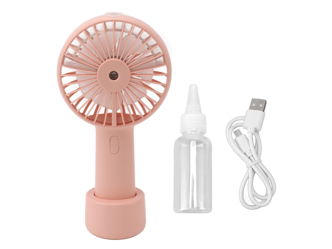 Ventilador nebulizador portátil rosa de 2000 mAh con 3 velocidades USB.