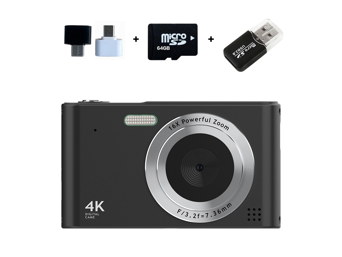 Cámara digital portátil Cuich 4k de alta resolución con zoom 16x, luz de relleno y tarjeta de memoria de 64 g (negra)