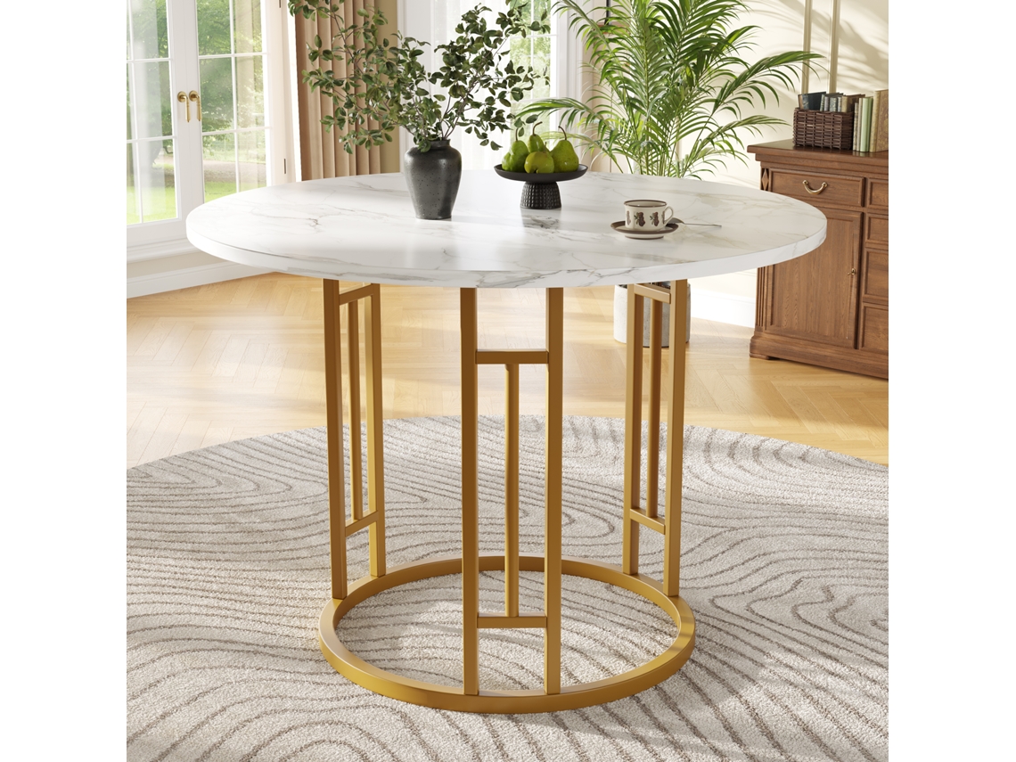 Mesa de comedor redonda, estructura de metal, revestimiento de mármol, para 4 personas, estilo MDF blanco y dorado.