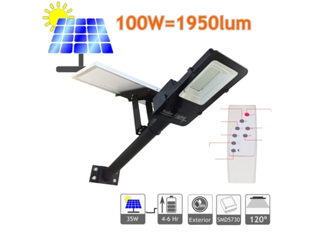 Farola LED Solar 100W Exterior IP65, 120 LEDS, 2000 Lúmenes 6000K Blanco Frío, Batería Ion-Litio, con Mando a Distancia
