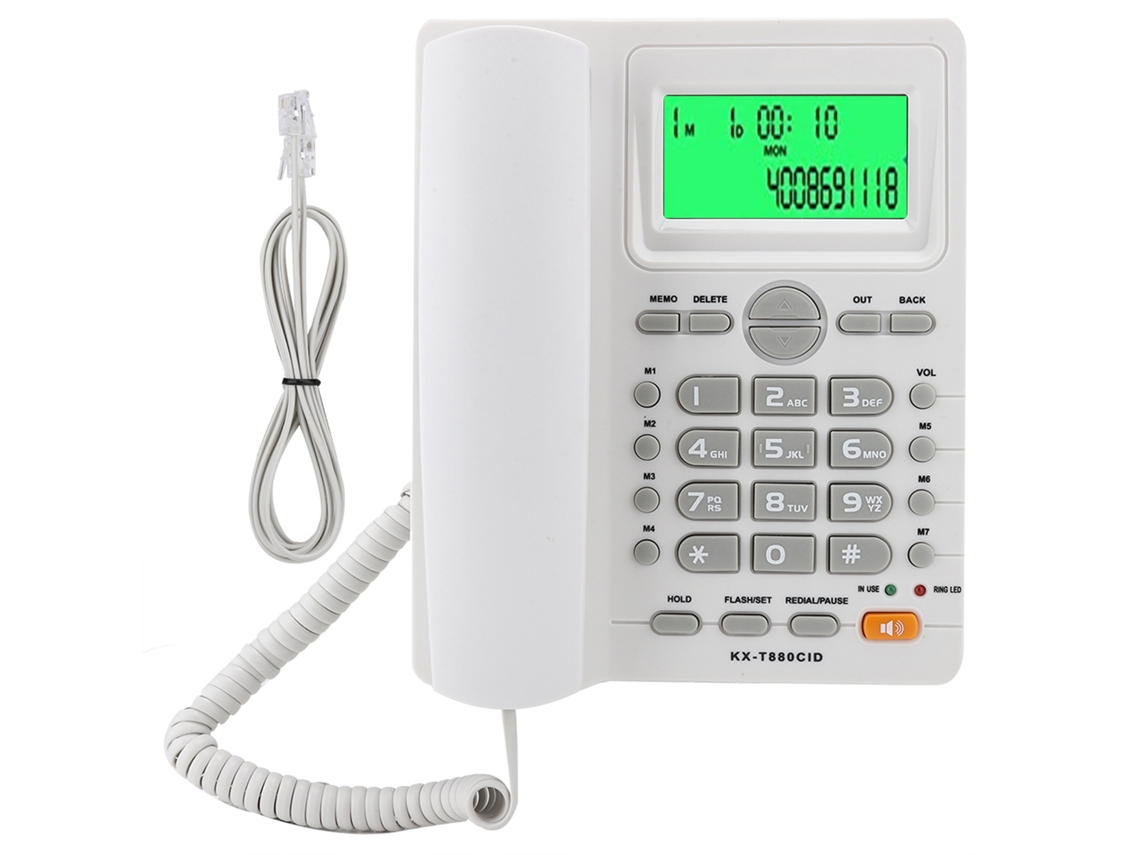 Teléfono fijo con identificador de llamadas y función de silencio.