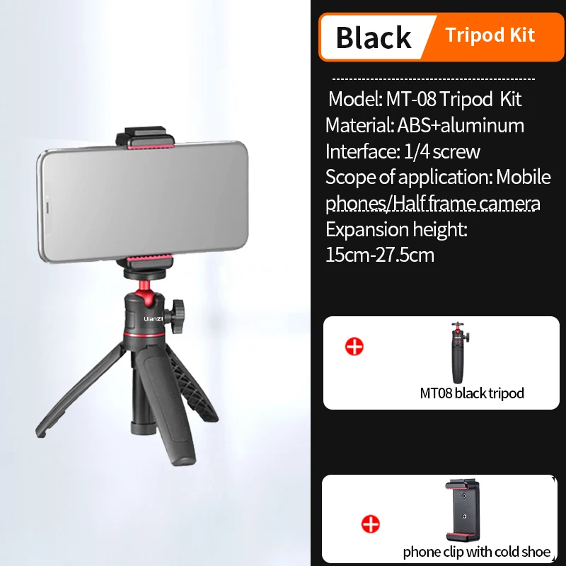 Mini trípode plegable MT-08 con tornillo de 1/4'', mango, universal para teléfonos móviles DSLR, Android y iPhone, kit 1 negro