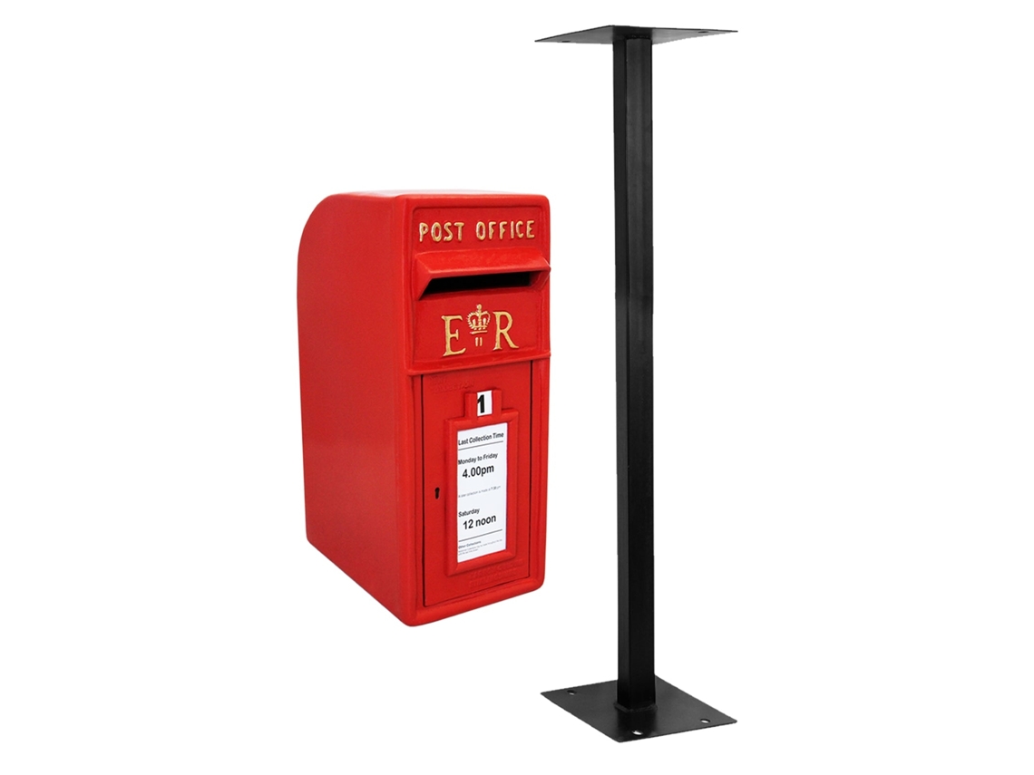 Buzón rojo de Royal Mail con soporte de suelo de hierro fundido y soporte de pared