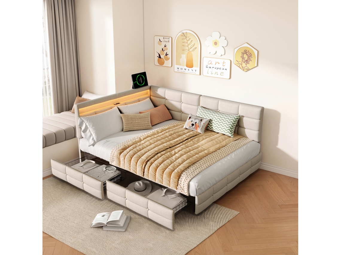 Sofá-cama L 140x200cm En Tela De Lino Beige Con Cabecero Led, 2 Cajones De Almacenaje, Carga Usb Tipo-c Y Estructura Metálica Reforzada