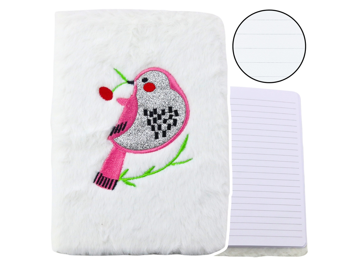 Cuaderno de peluche con forro de purpurina plateada y diseño de pájaro blanco B.active