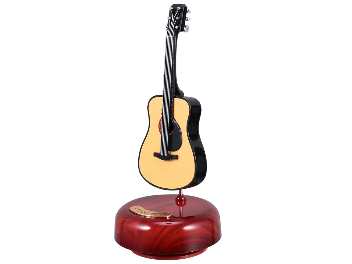 Caja de música en miniatura con forma de guitarra vintage. Regalo ideal para San Valentín o el Día de la Madre. Ikikso Brown.