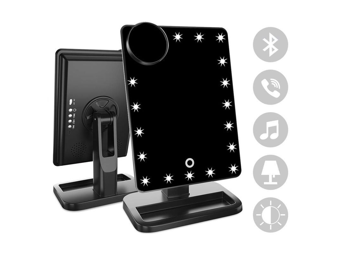 Espejo de maquillaje con luz LED Bluetooth, recargable, con aumento giratorio de 10x.