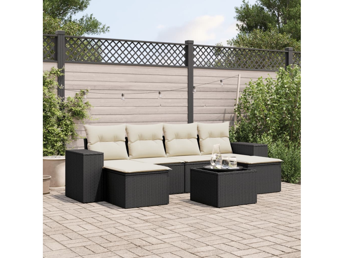 Conjunto de sofá de jardín de 7 piezas con cojines, ratán negro, Dkd Home Decor