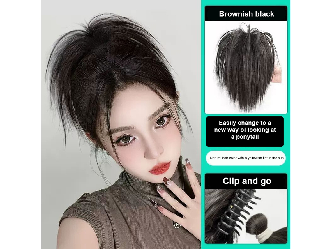 Extensiones de cabello humano con cola de caballo, color negro y marrón, con clip, desordenadas, sin pegamento, en capas, rectas, sintéticas y naturales.