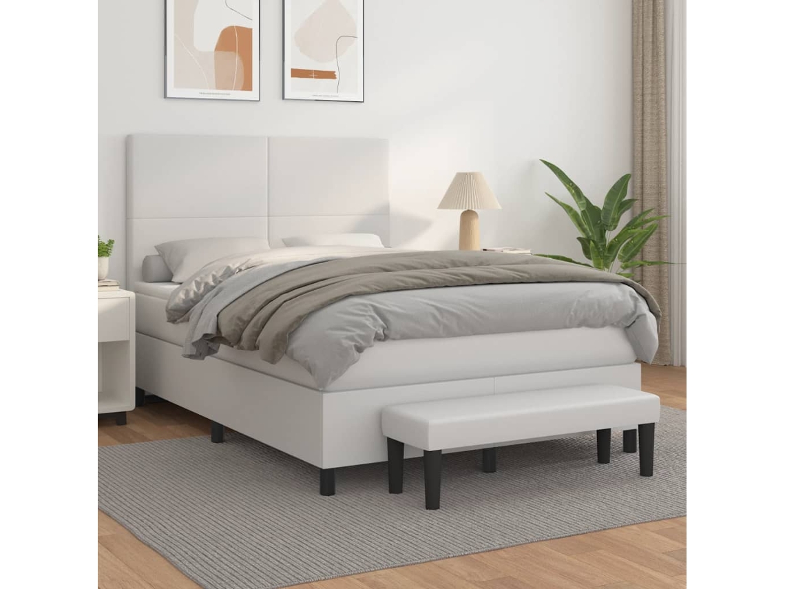 Cama Box Spring Con Colchón Cuero Sintético Blanco 140x200cm