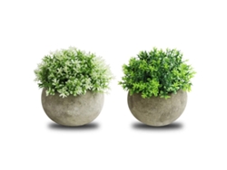 2 plantas bonsái simuladas en forma de bola semicircular blanca y verde.