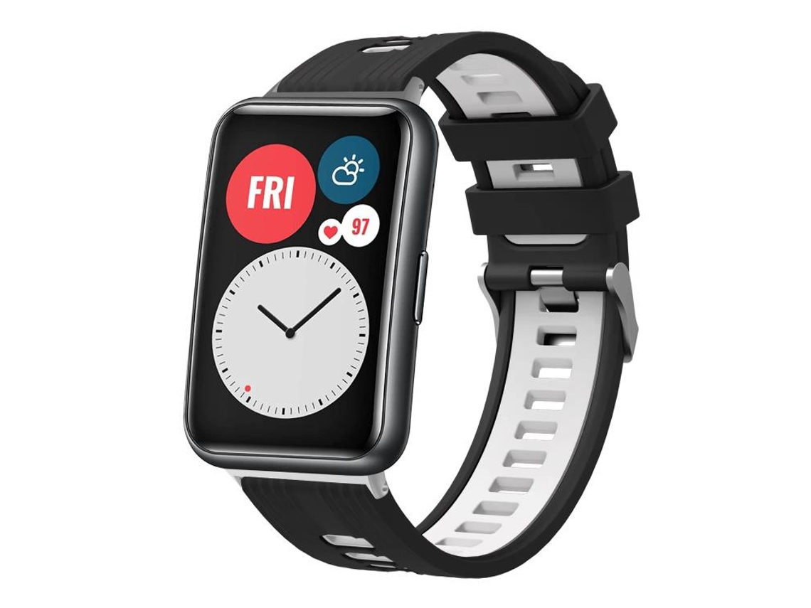 Bracelete Para Huawei Watch Fit - Silicone Bicolor - Fivela Prateada Preto + Branco