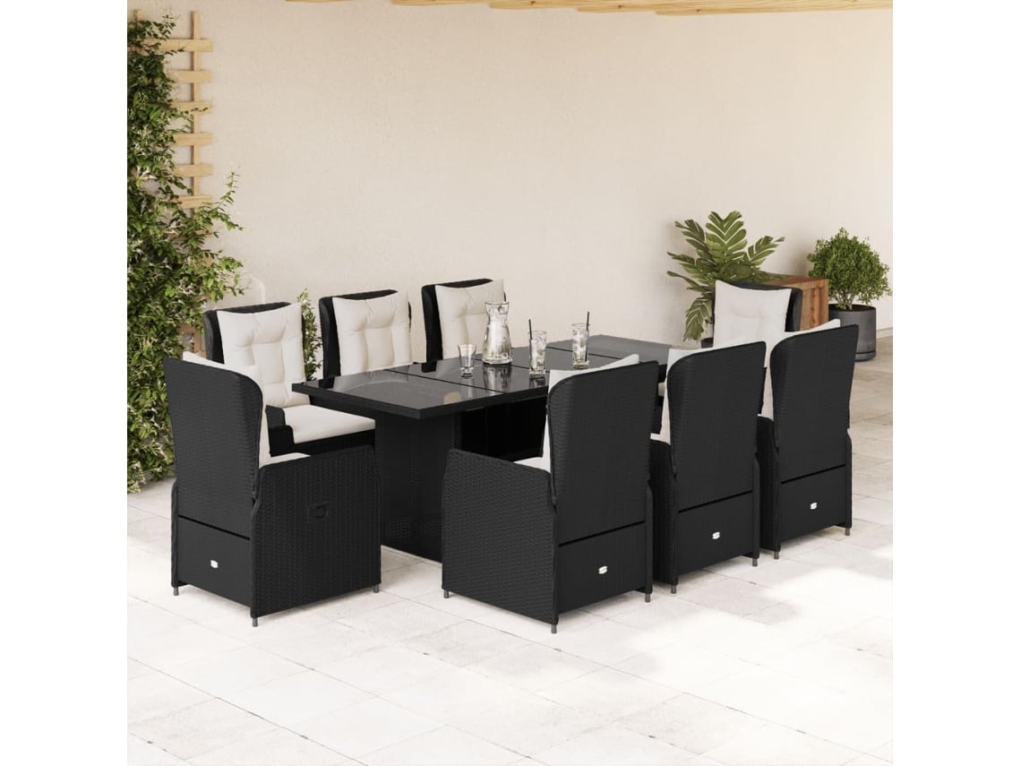 Juego de comedor de jardín de 9 piezas con cojines, mimbre sintético negro, DKD Home Decor