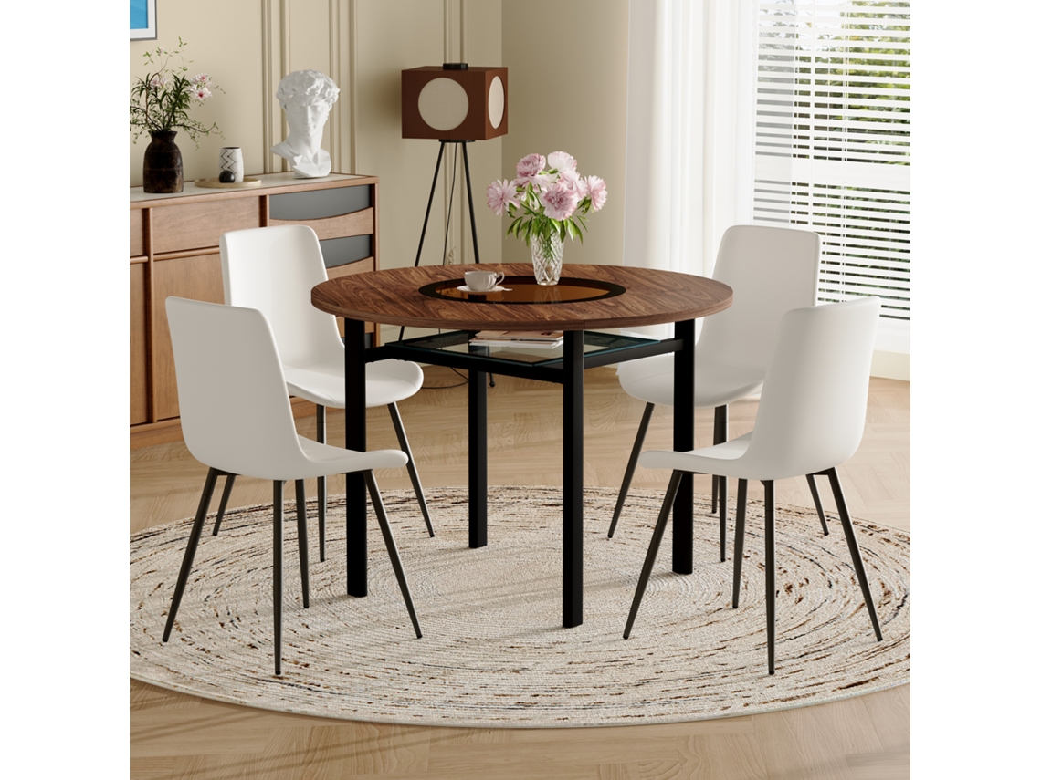 Conjunto De Mesa Redonda Moderna 100 Cm - Con 4 Sillas Blancas Pu Y Compartimento - Madera Marrón