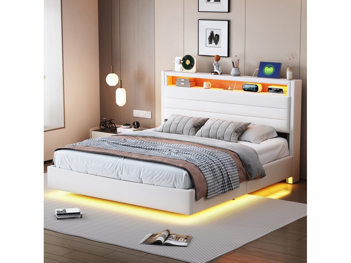 Cama 140x200cm Lino, Hidráulica, Diseño Suspendido, Cabecero Abatible, Usb Y Led, 250kg, Sin Colchón, Beige