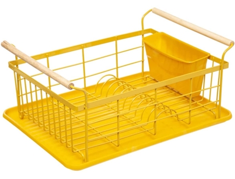 Escurridor de Platos con Soporte para Cubiertos Acero con Asas de Madera y Bandeja de Plastico Amarillo TIENDA EURASIA