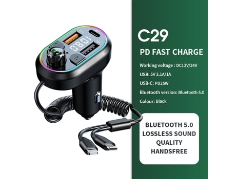 Coche Bluetooth 5.0 Transmisor FM Receptor de audio inalámbrico Coche 25W PD Carga rápida con cable de carga de puerto tipo C de Apple ENZONS