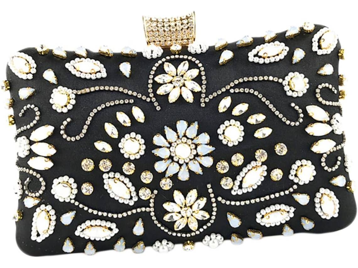 Bolsa De Festa Feminina Elegante Em Poliéster Com Strass, Preta, Ideal Para Eventos.