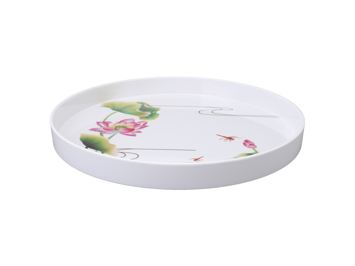 Bandeja Redonda De Plástico De 34 Cm, Versátil, Para Picnic, Con Estampado De Hojas Verdes.