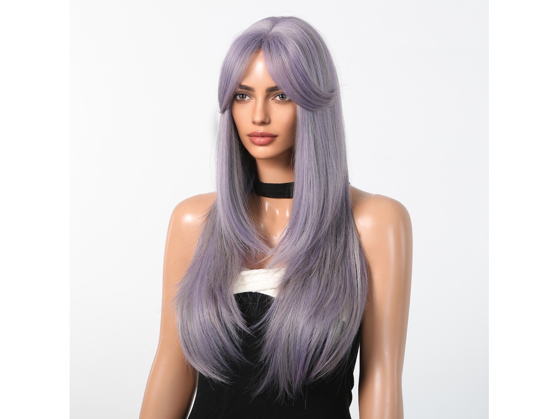 Peruca longa e lisa 2026 com mechas roxas para festas e cosplay feminino.