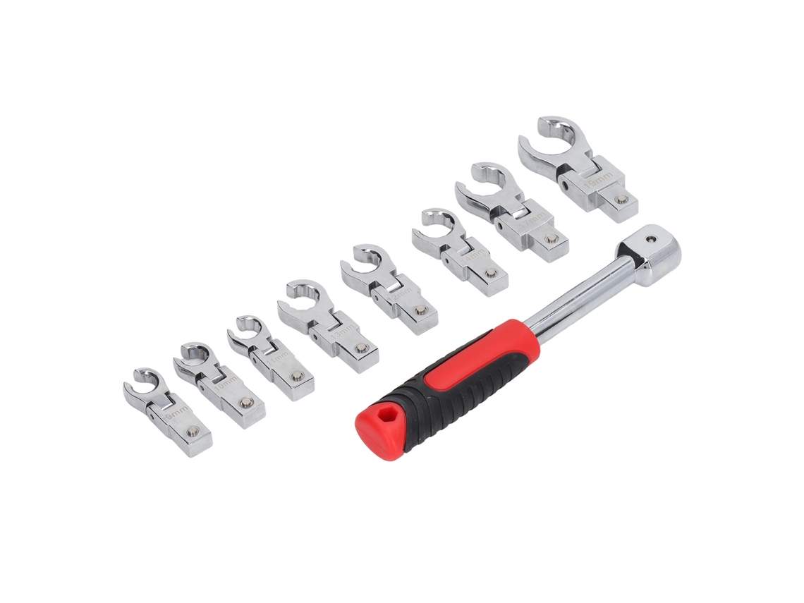 Juego de 9 llaves ajustables con cabezal flexible y rotación de 180°.