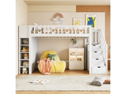Cama Alta De Madera De 90 X 200 Cm Con Múltiples Espacios De Almacenaje Y Escalera De Almacenaje - Color Blanco